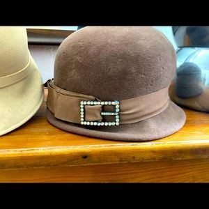 Vintage Fur Cloche Hat with Rhinestone Buckle